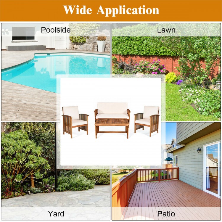 4-piece patio furniture set featuring acacia wood frame and beige cushions, perfect for poolside or garden relaxation.