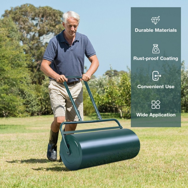 Metal push lawn roller with a green finish, 24 x 13 inches, designed for easy use and storage in lawn care.