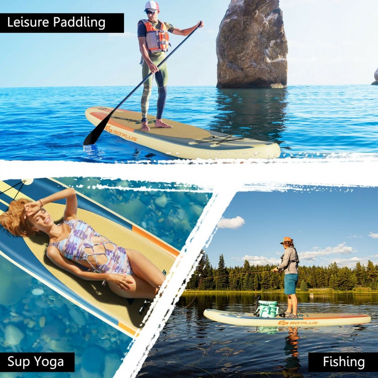 Inflatable stand-up paddle board with non-slip deck, ideal for leisure paddling, yoga, and fishing activities.