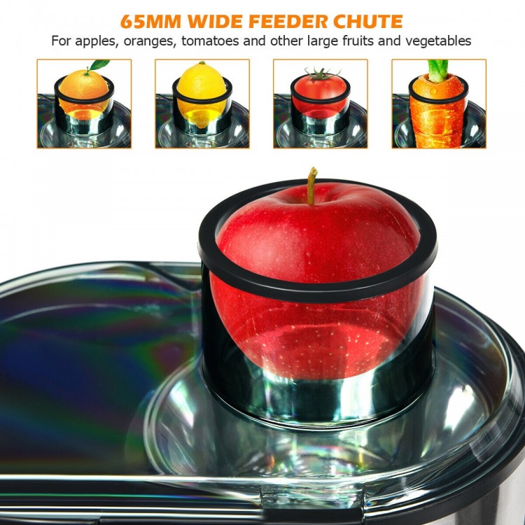 Centrifugal juicer with 65mm wide feeder chute, ideal for juicing large fruits and vegetables effortlessly.