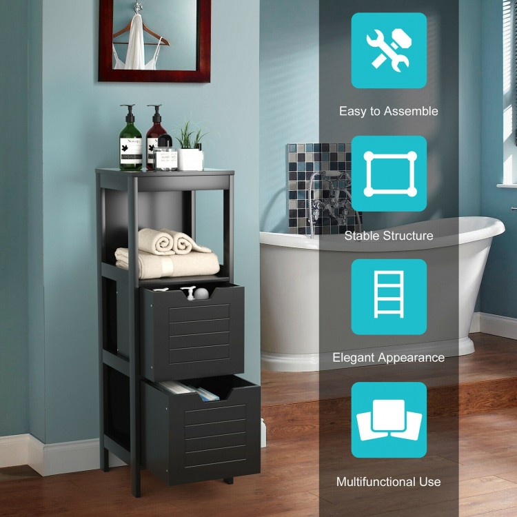Black bathroom wooden floor cabinet with three shelves and two drawers for multifunctional storage and organization.
