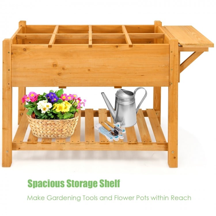 Elevated planter box kit with 8 grids and folding tabletop, made of durable fir wood, perfect for gardening on patios.