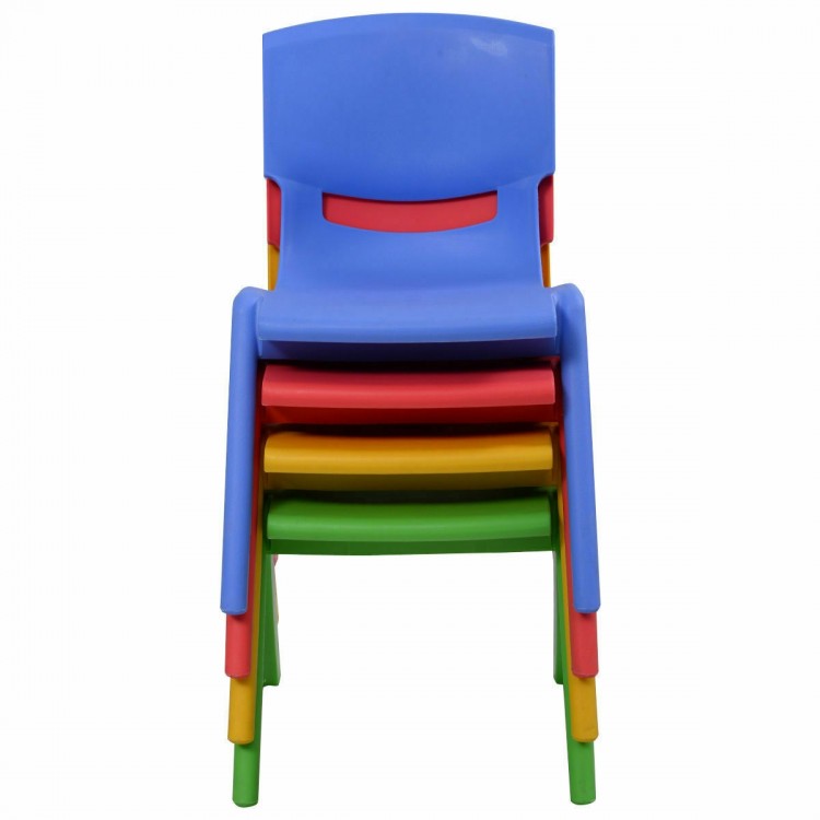 Stacked colorful plastic children chairs in blue, red, yellow, and green, perfect for playrooms and daycare settings.