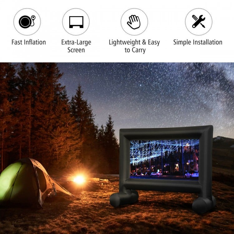 Inflatable outdoor movie projector screen with blower, 14' size, ideal for camping and outdoor parties.