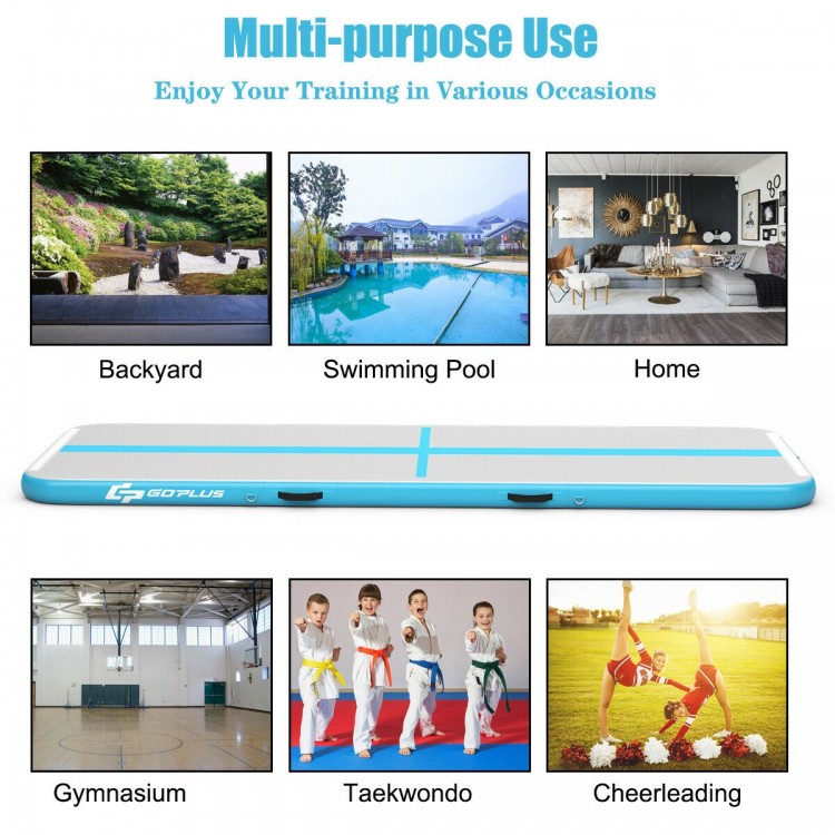 Inflatable gymnastics tumbling mat in navy, 15 feet long, ideal for home, gym, or outdoor exercise activities.