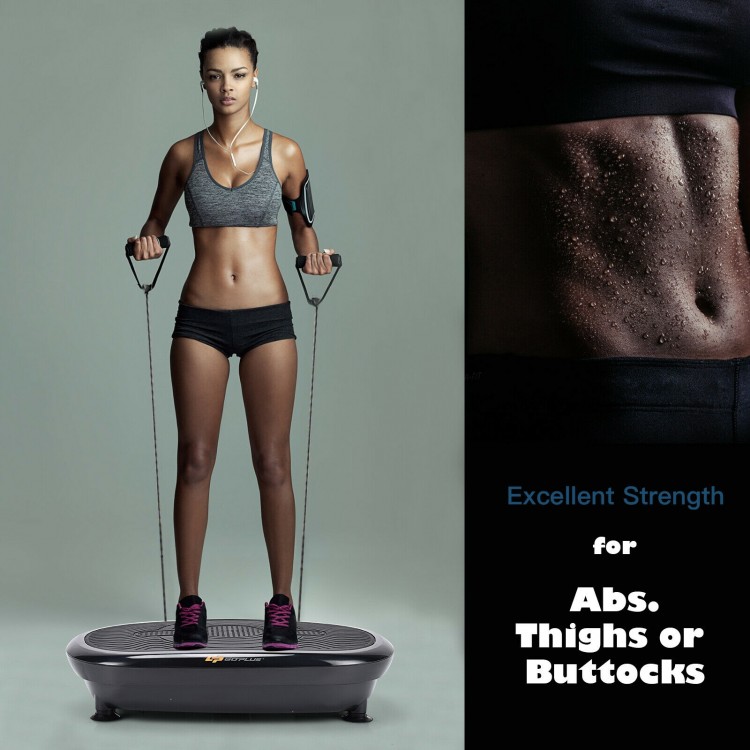 Mini vibration body fitness platform in black with resistance bands, ideal for full body workouts and strength training.