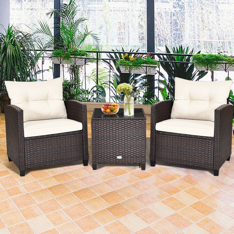 3 Pcs Patio Rattan Furniture Set Cushioned Conversation Set Coffee Table-WhiteCostway Gallery View 6 of 16