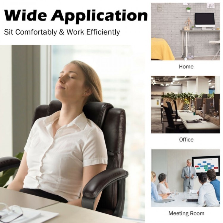 Adjustable leather executive office chair with armrest, padded cushion, and ergonomic design for home or office use.
