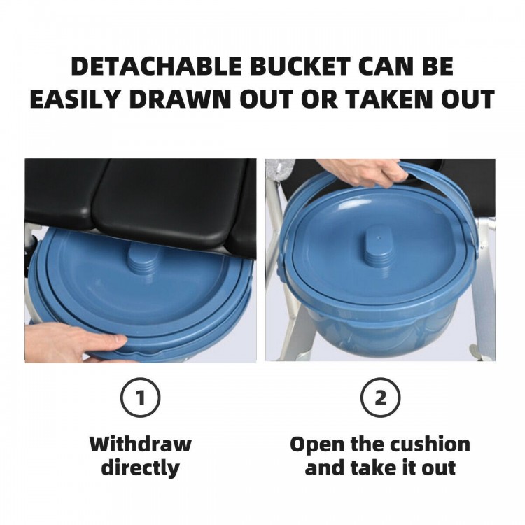 Detachable bucket of the 2-in-1 Aluminum Commode Shower Wheelchair for easy cleaning and user convenience.