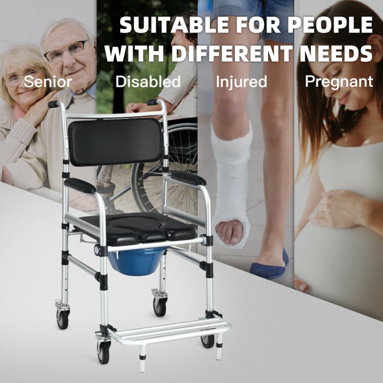 2-in-1 aluminum commode shower wheelchair with adjustable height, locking casters, and removable toilet for convenience.