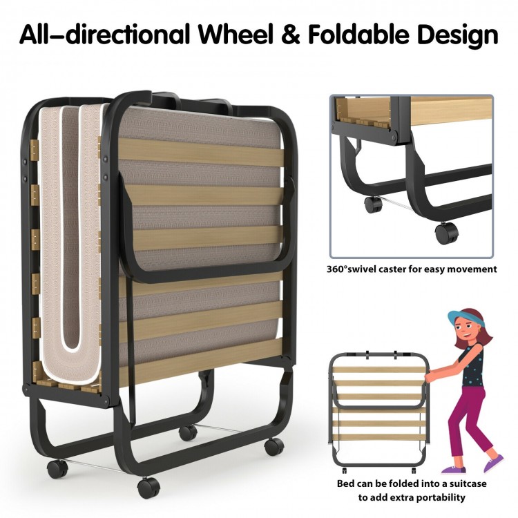 Folding rollaway bed with memory foam mattress, 79 x 36 inches, featuring a sturdy metal frame and 360° wheels for easy.