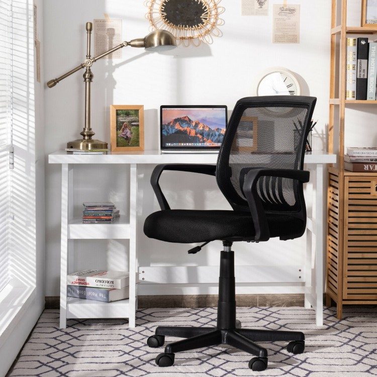 Mid-back mesh chair featuring humanized armrests and a waterfall padded seat for enhanced comfort in any workspace.