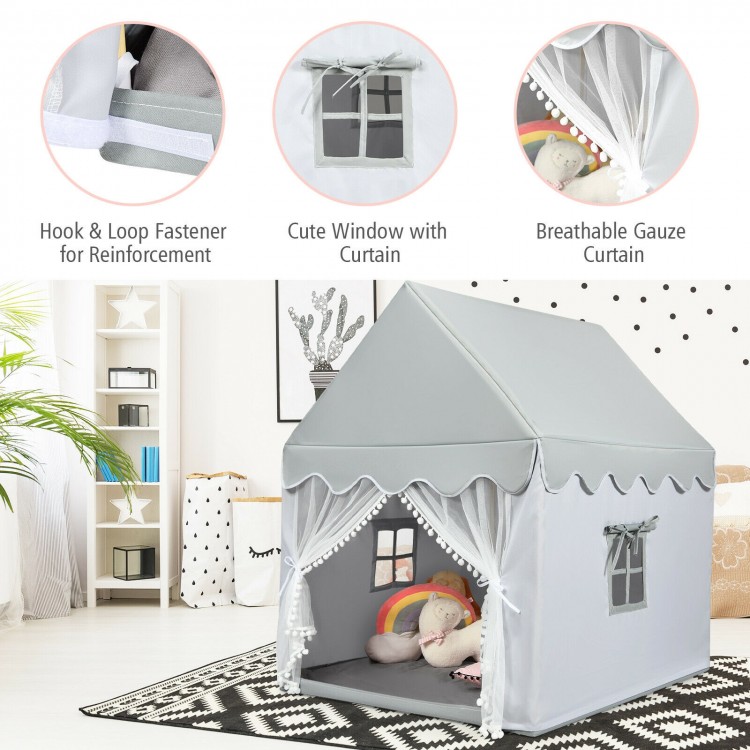 Kids large gray play castle tent with breathable gauze curtain and soft mat, perfect for indoor and outdoor fun.