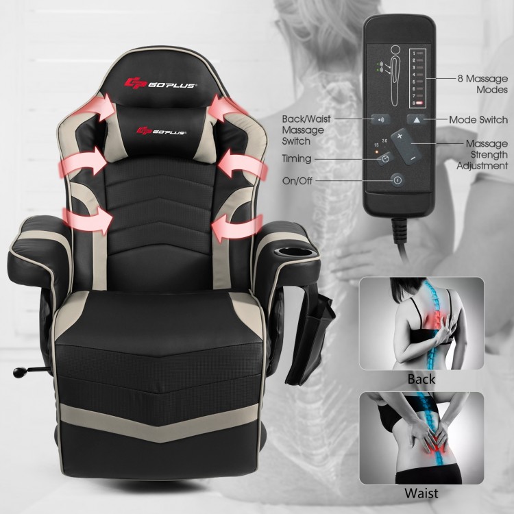 Ergonomic high back massage gaming chair in gray with adjustable backrest, 8 massage modes, and cup holder for.