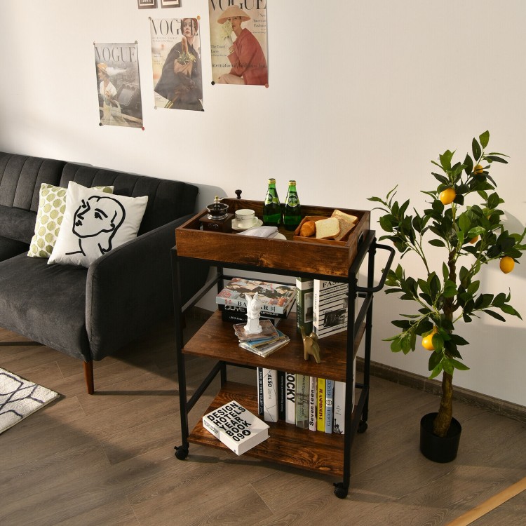 3-tier rustic brown kitchen serving bar cart with lockable casters, removable tray, and metal handle for versatile use.