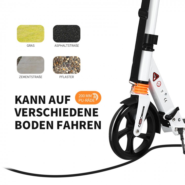 Folding adjustable kick scooter with 8" PU wheels, aluminum alloy frame, and shoulder strap for easy transport.