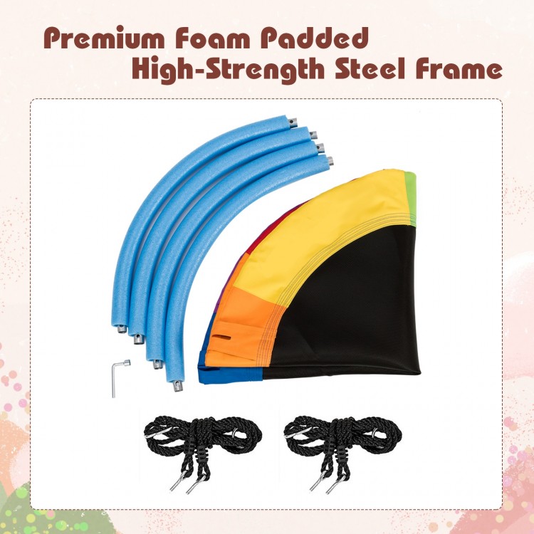 Flying saucer tree swing components including multicolor fabric, foam padding, and adjustable straps for kids' outdoor.