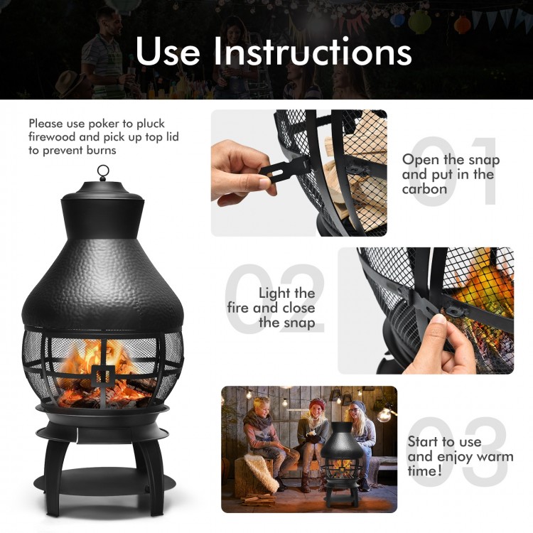 Close-up of the patio wood burning chimenea fireplace's round wire mesh and sturdy iron base, perfect for outdoor.