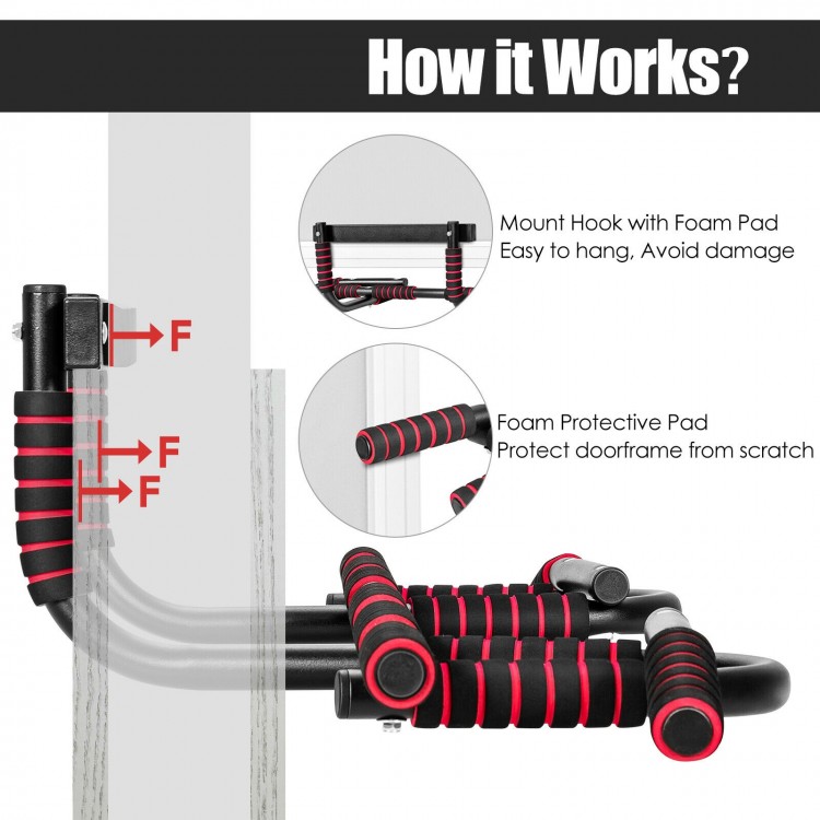 Multi-purpose pull-up bar with foam protective pads, designed for easy installation and door frame protection.