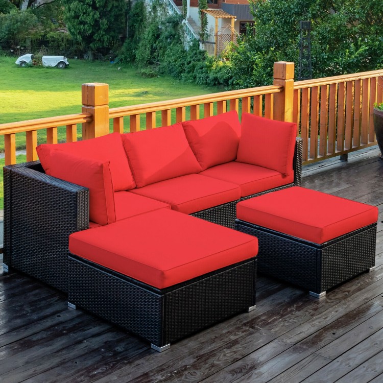 Red cushion seat from the 5-piece patio rattan sofa set, featuring a sturdy steel frame and hand-woven PE rattan for.