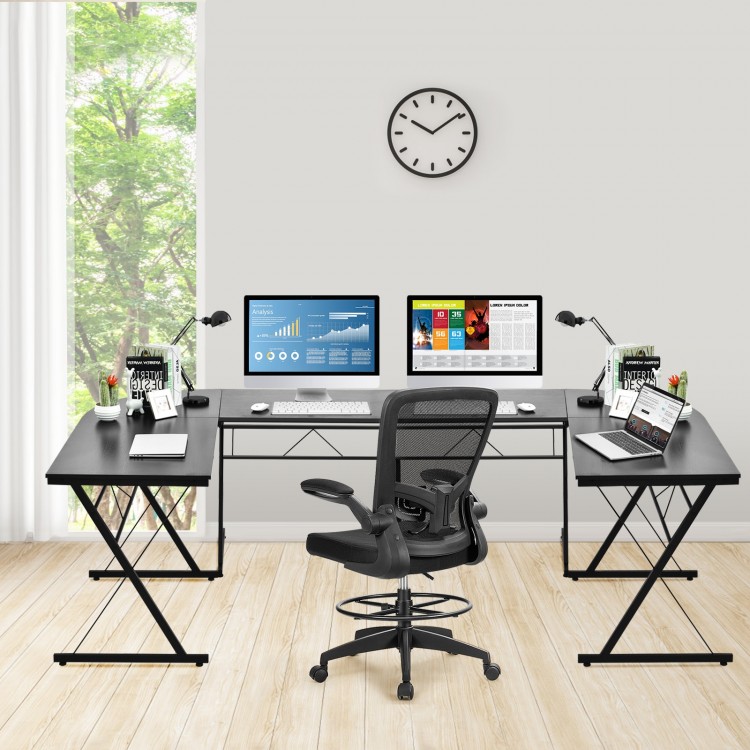 L-shaped corner desk in black with sturdy P2 MDF and iron frame, ideal for home office or study workstation.