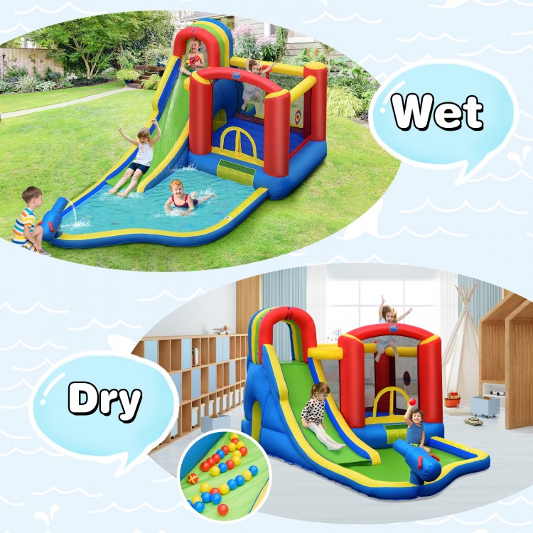 Inflatable kid bounce house slide with water pool, climbing wall, and trampoline for indoor or outdoor fun.