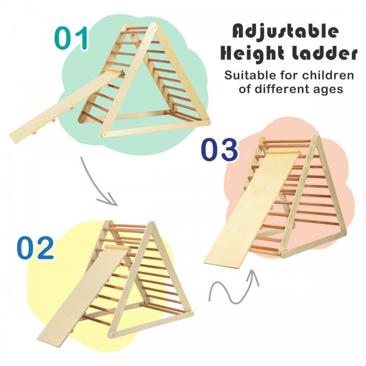 Foldable wooden climbing triangle with adjustable height ladder for toddlers, promoting safe play and physical.