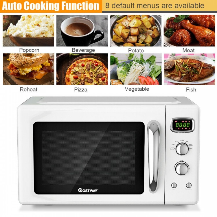 Compact 0.9 Cu.ft retro microwave oven in white with LED display, ideal for small spaces and versatile cooking needs.