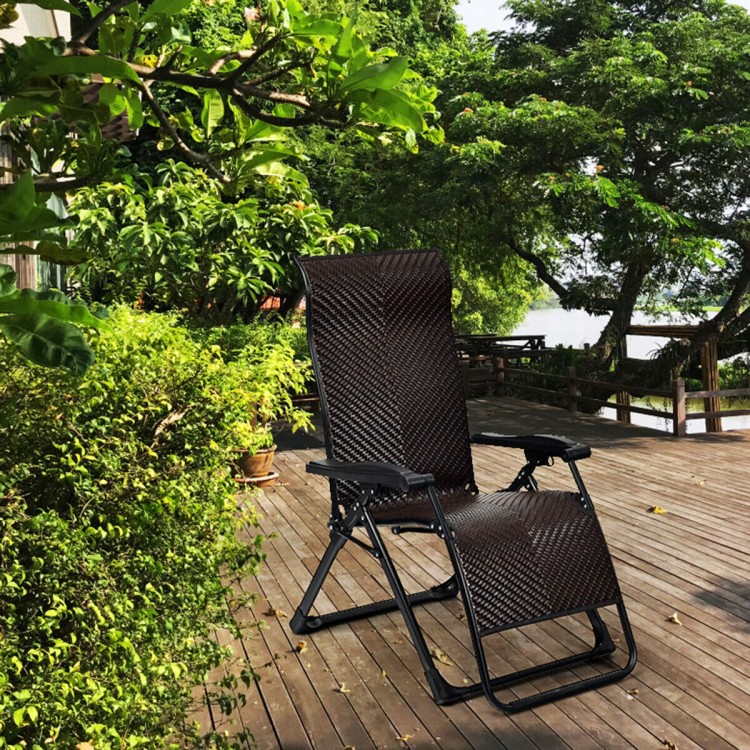 Patio rattan zero gravity lounge chair with adjustable recline, lightweight design, perfect for outdoor relaxation.