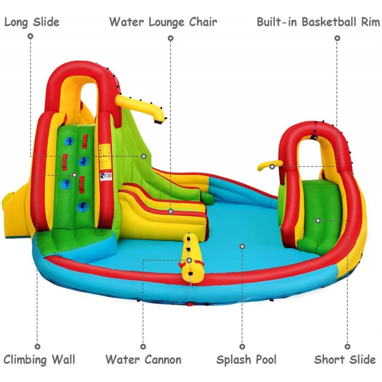 Inflatable water slide bounce park featuring multiple play areas, including slides, climbing walls, and a splash pool.