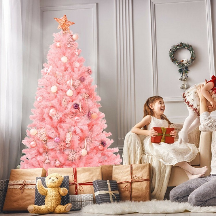 Pink artificial Christmas tree with full-bodied design and sturdy metal stand, perfect for festive home decoration.