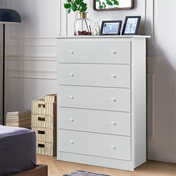 White 5-drawer dresser with round handles, top shelf for decor, and compact design for versatile room use.