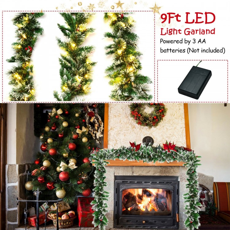 9ft pre-lit Christmas garland with red berries and 50 LED lights, perfect for indoor or outdoor holiday decoration.