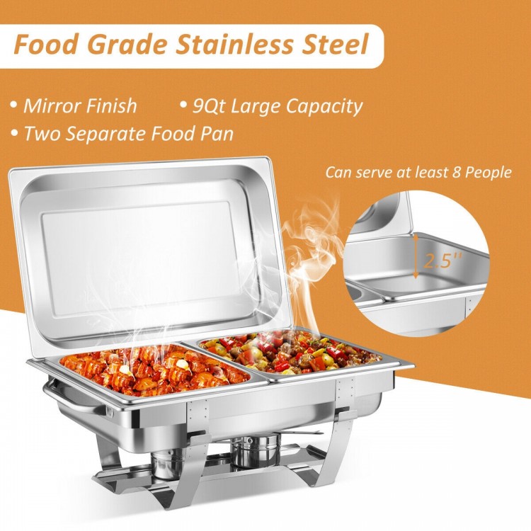 Stainless steel chafing dish with mirror finish, 9Qt capacity, double food pans, ideal for buffets and events.