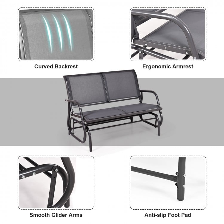Gray swing glider chair with curved backrest and ergonomic armrests, perfect for outdoor relaxation in patios or.