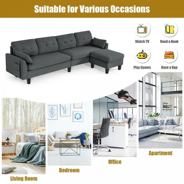 Reversible L-shaped sectional sofa in gray with movable ottoman, ideal for living room or apartment use.