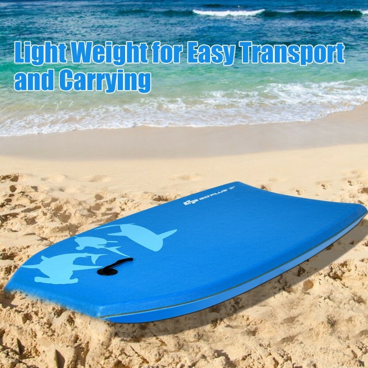 Lightweight blue bodyboard with EPS core and XPE deck, ideal for easy transport and outdoor surfing fun.