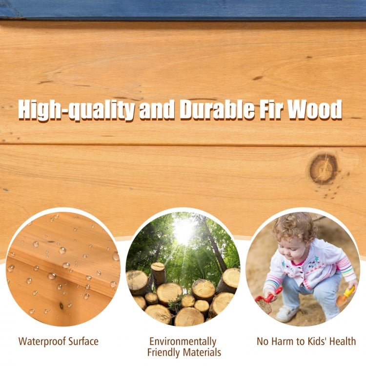 Wooden pirate boat sandbox for kids made of durable fir wood, featuring waterproof surface and large storage space.