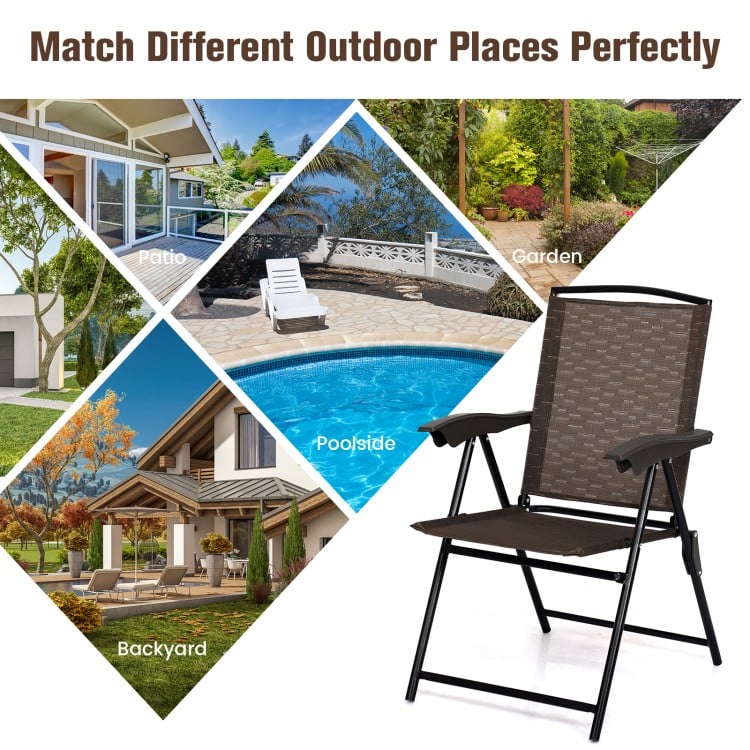 Folding dining chair with steel armrests and breathable fabric, ideal for patio, garden, or poolside relaxation.