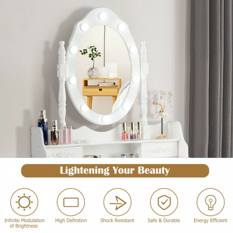 Makeup vanity dressing table set with dimmable bulbs and cushioned stool, featuring a clear mirror and elegant design.
