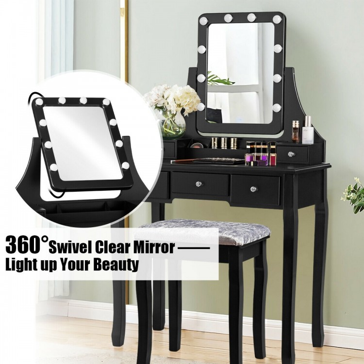 Vanity dressing table set in black with 10 dimmable bulbs, 360° swivel mirror, and cushioned stool for comfortable use.