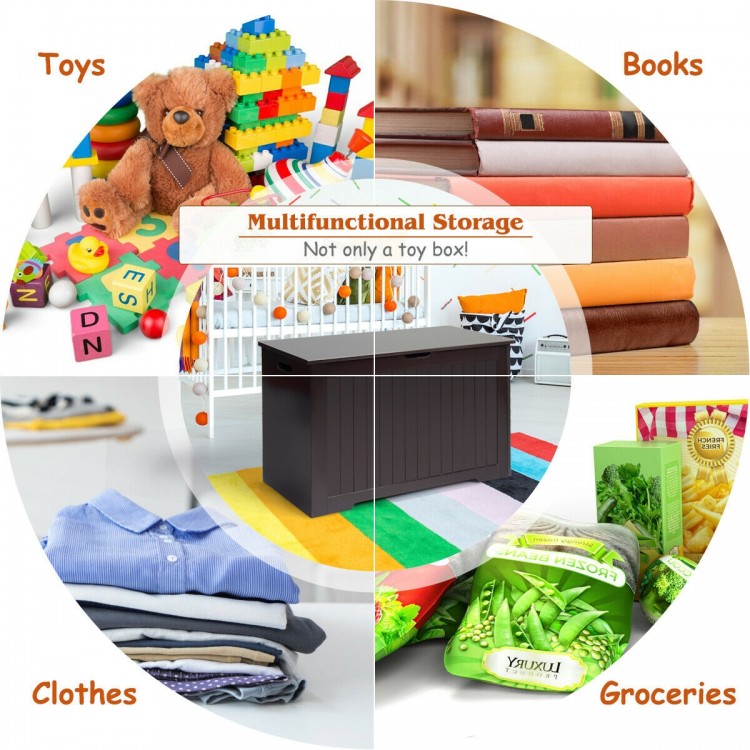 Brown wooden toy box with flip-top lid, large storage capacity for toys, books, and clothes, ideal for playrooms and.