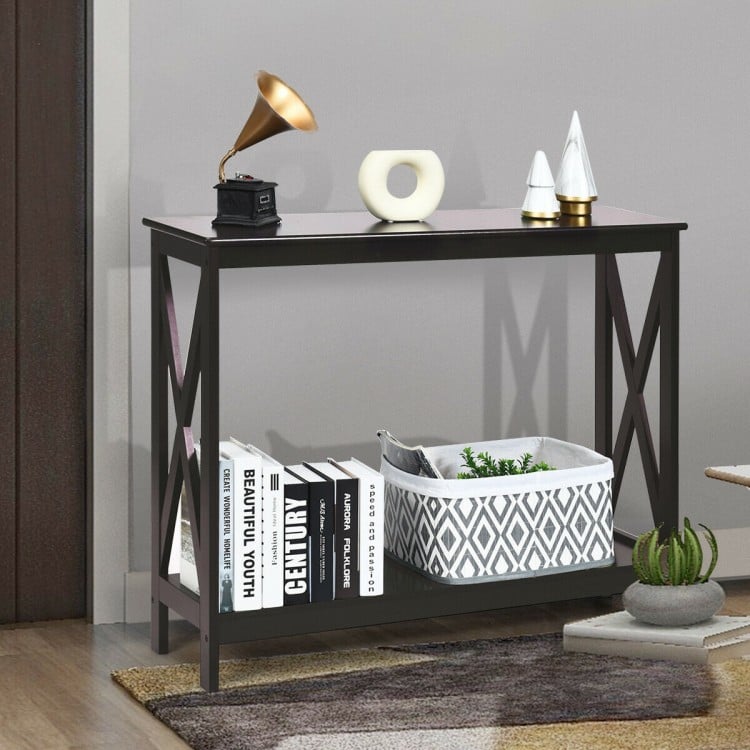 Dark brown console table with X-design, showcasing a smooth surface and open shelf for versatile storage in any room.