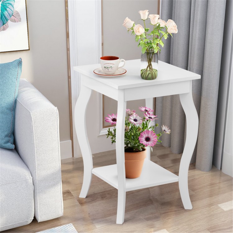 Single white accent side table with smooth top and curved legs, showcasing a lower shelf for decorative storage in any.