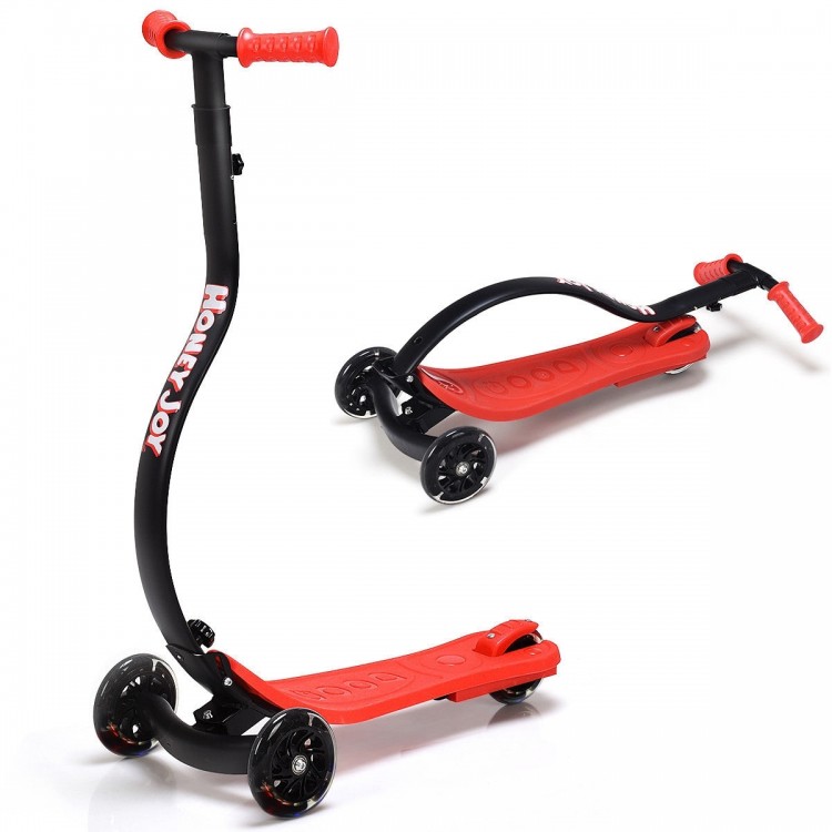 Folding kids scooter in red with adjustable handlebar, wide deck, and PU flashing wheels for balance and fun.