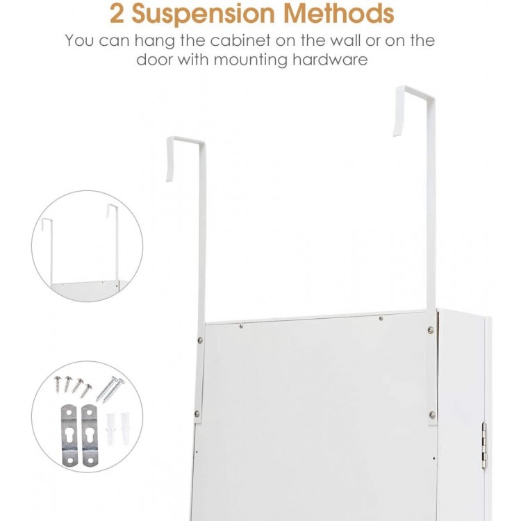 Wall-mounted jewelry cabinet with hooks, showcasing 2 suspension methods for space-saving storage and organization.