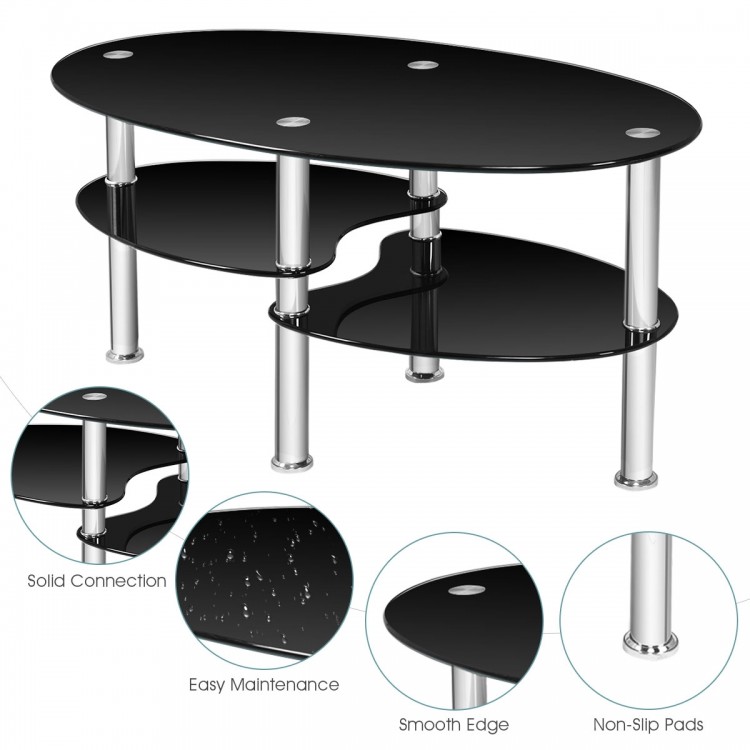 Tempered glass oval coffee table in black with two bottom shelves for storage, ideal for living room use.
