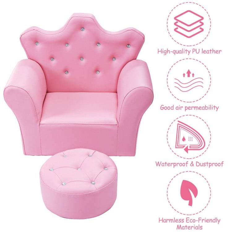 Children's pink upholstered princess sofa with matching ottoman, featuring diamond decoration, perfect for playrooms.