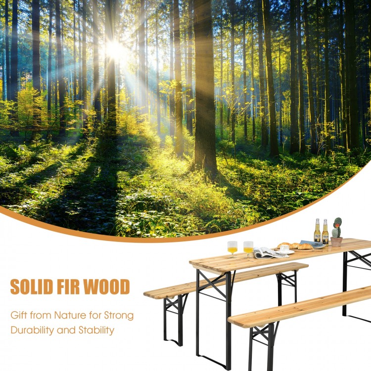Folding wooden picnic table and bench set made of solid fir wood, featuring a rustic design for indoor and outdoor use.