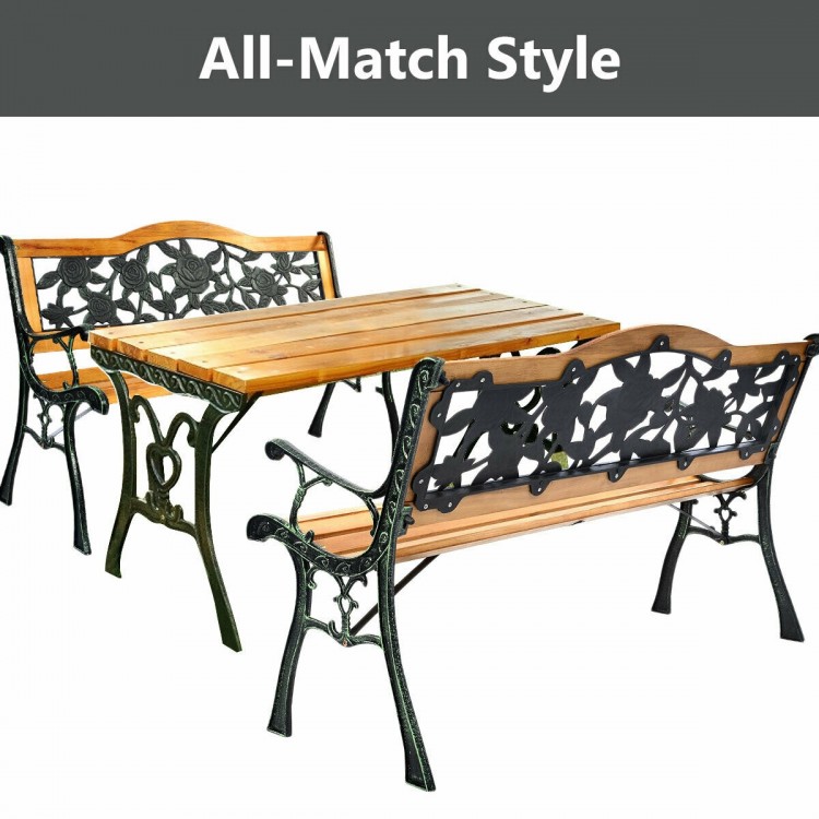 Outdoor cast iron patio bench with solid wood seat, rose-pattern backrest, and strong load-bearing capacity for three.